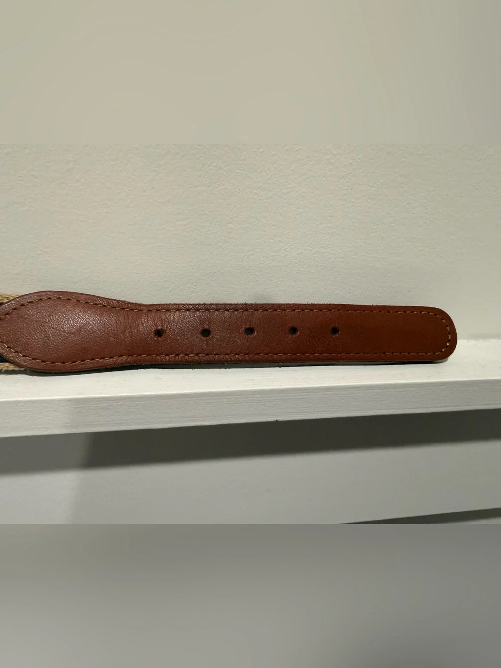 Brown Leather-Trim Navy Embroidered Men’s Belt with Gold Buckle